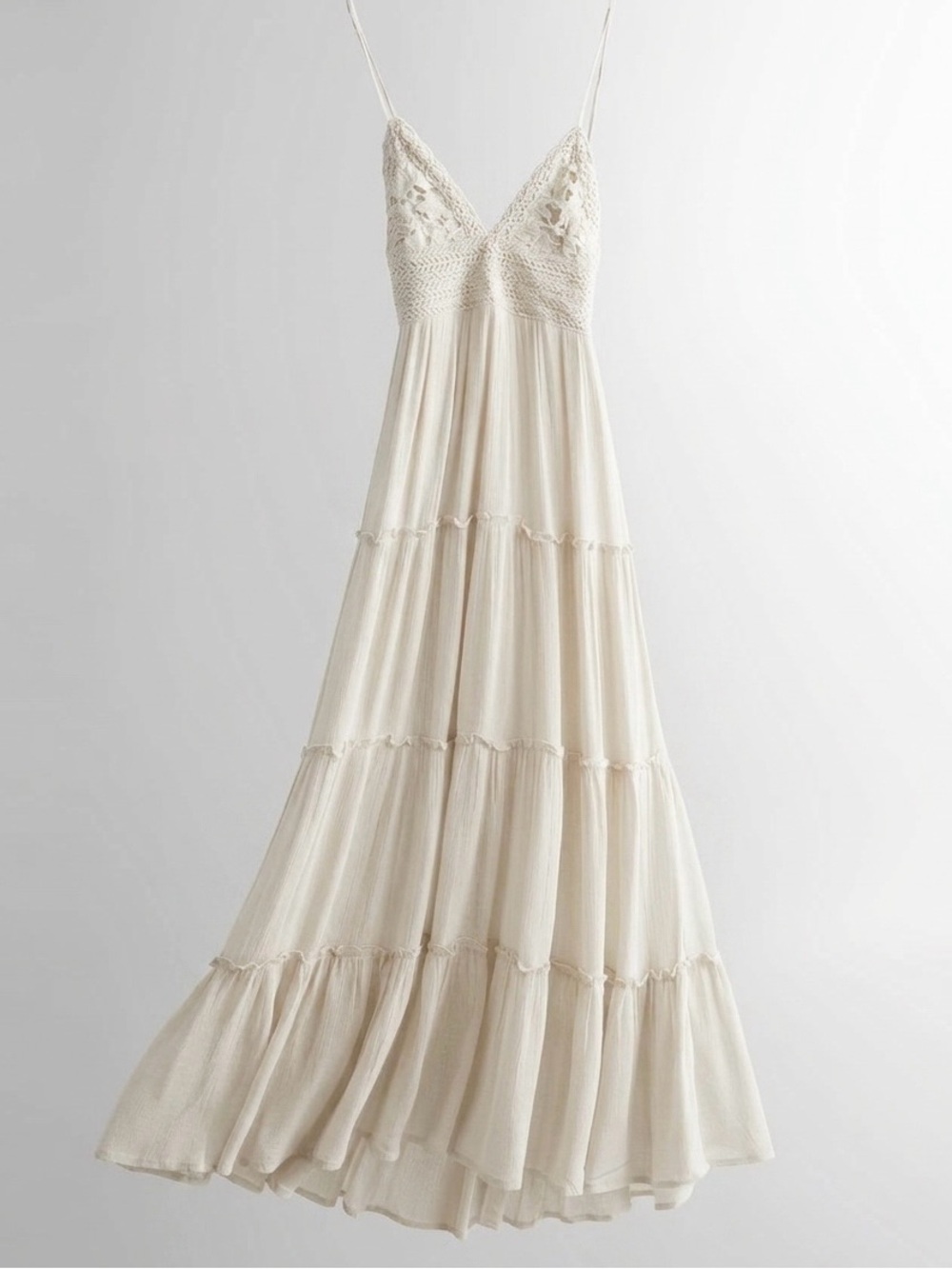 Fashion On Earth Ivory Crochet Tiered Crinkle Maxi Dress Boho Tie Back Medium